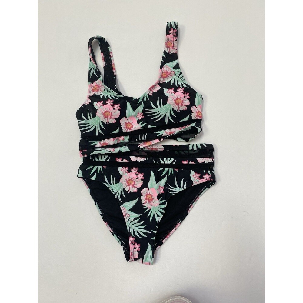 Cabana Del Sol Bikini Set Small Black Floral Tropical Mesh Trim High Waist